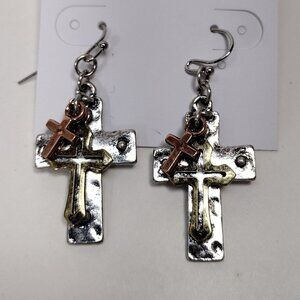 Rose Gold tone. Gold tone  and Silver tone Triple Crosses Teardrop Earrings